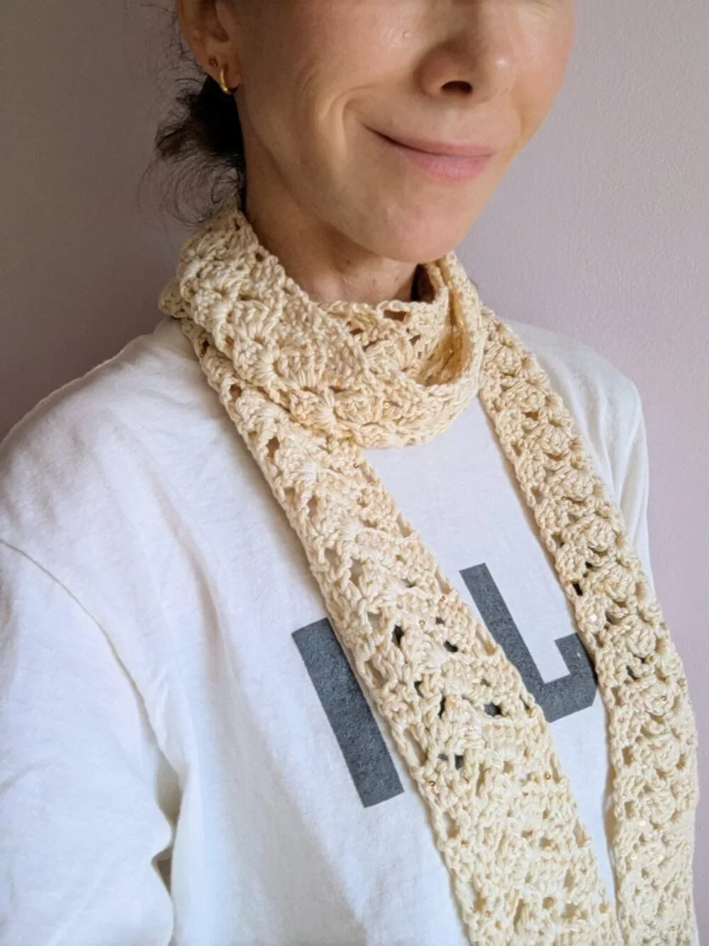 Handmade Crochet Lace Sequin Skinny Scarf Extra Long Linen Cream Gold